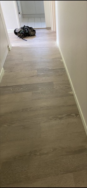 A hallway with new timber floorboards running through to the far room
